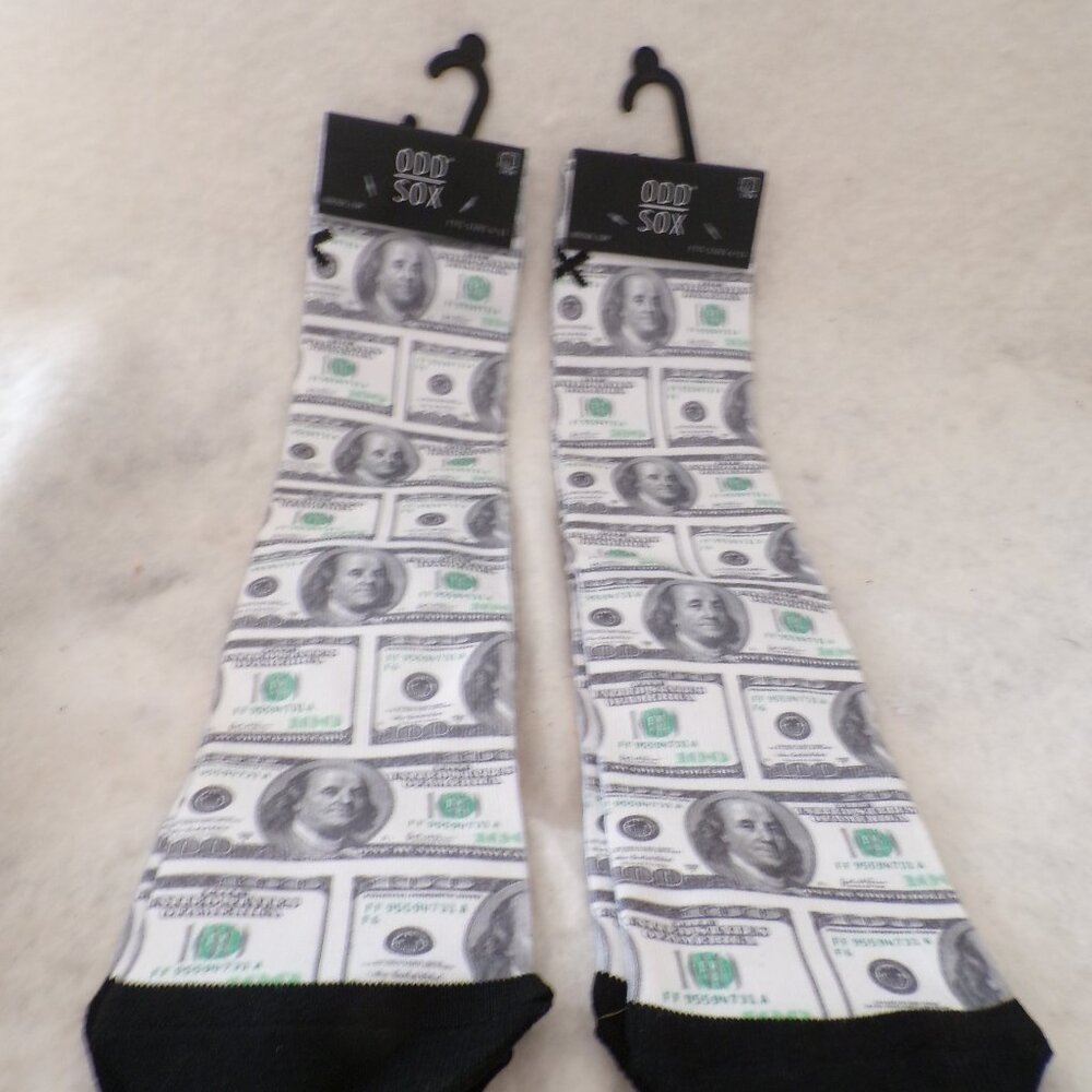 2 PAIR Odd Sox 100 Dollar Collage Crew Socks Men's 6-13 NWT NEW 2 PAIR